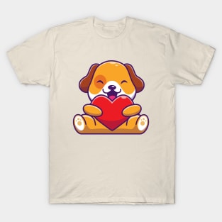 Cute Dog Holding Heart Cartoon T-Shirt